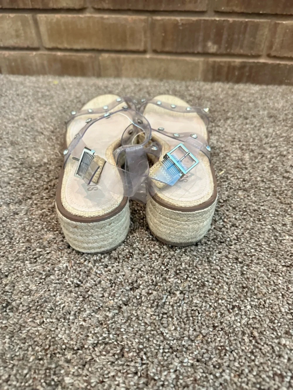 Schutz Clear Rhinestone Studded Espadrille Wedge Sandals 7.5 Boho Chic